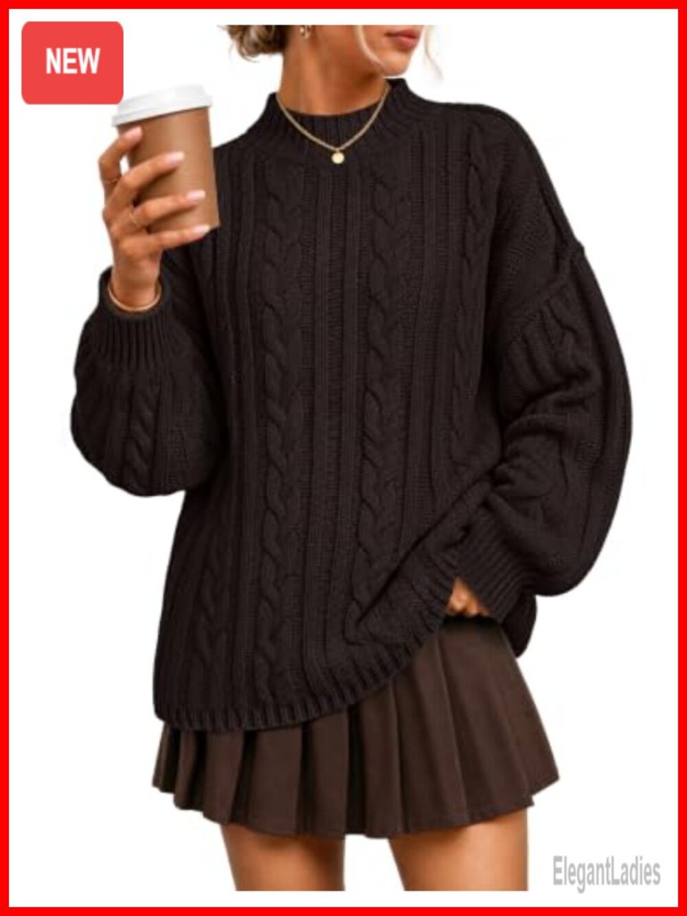 Oversized Mock Neck Cable Knit Sweater Drop Shoulder Puff Sleeve Pullover
